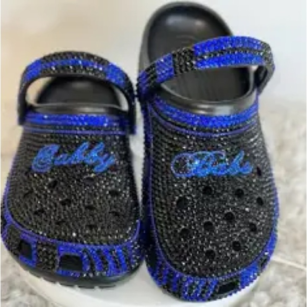 Blue and black bedazzled shoe